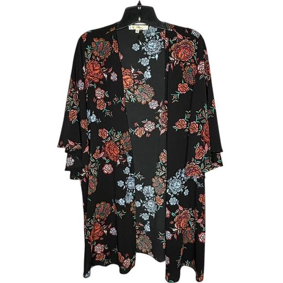 Andree by Unit Black Multicolored Floral Open Front Kimono Size - Picture 1 of 10